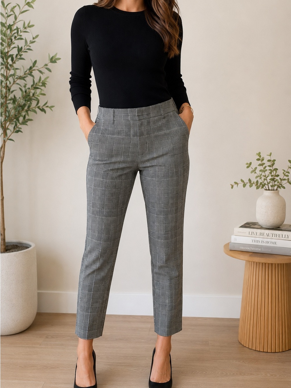 H&M Black Top with Grey Plaid Cropped Pants Slim Career Office Trousers